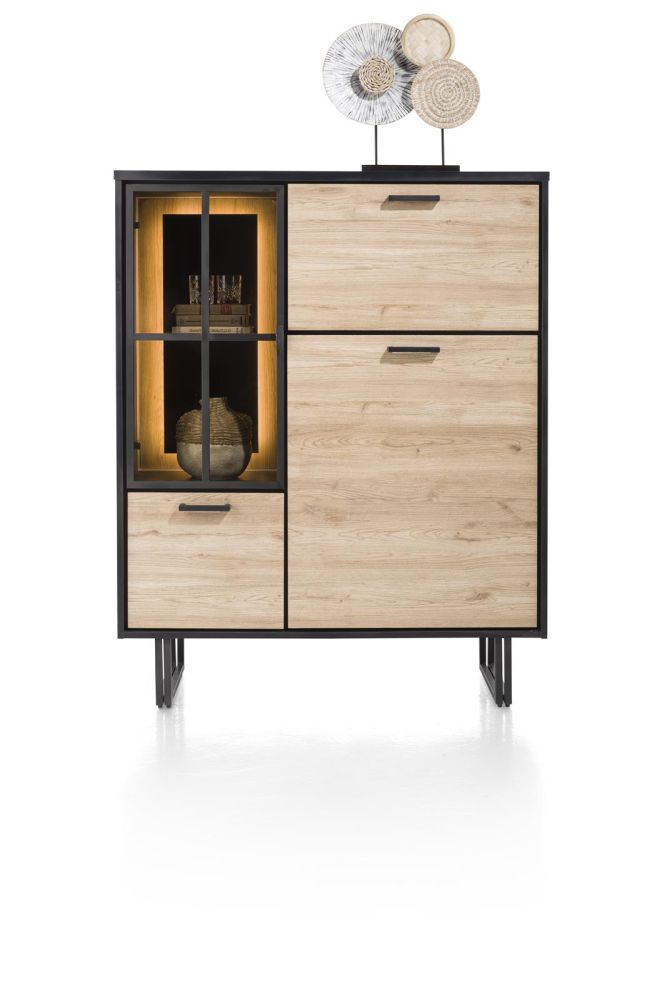 Avalon, highboard 120 cm - 2-deuren + 1-glasdeur + 1-klep (+ LED) - natural