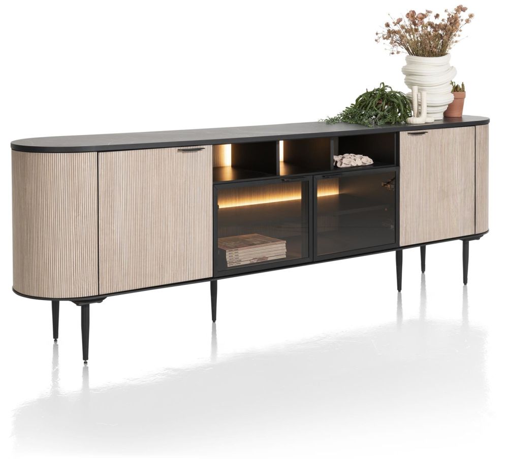Aramon, dressoir 240 cm. - 2-deuren + 2-glasdeuren + 3-niches (+ LED) Aramon, dressoir 240 cm. - 2-deuren + 2-glasdeuren + 3-niches (+ LED)