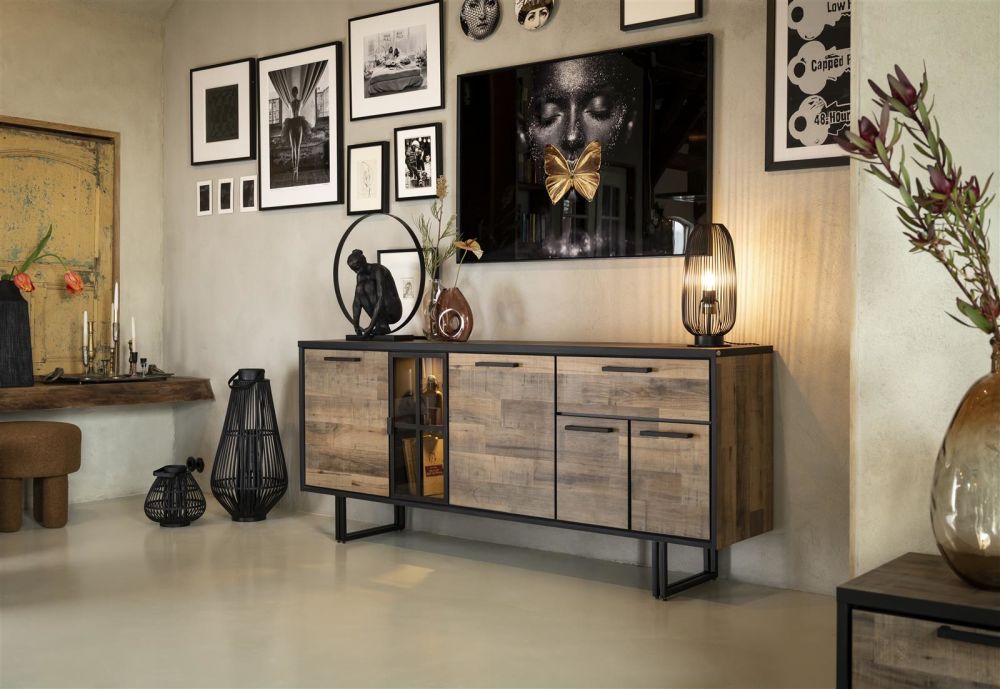Avalon, dressoir 200 cm - 4-deuren + 1-lade + 1-glasdeur (+ LED) - Driftwood Avalon, dressoir 200 cm - 4-deuren + 1-lade + 1-glasdeur (+ LED) - Driftwood