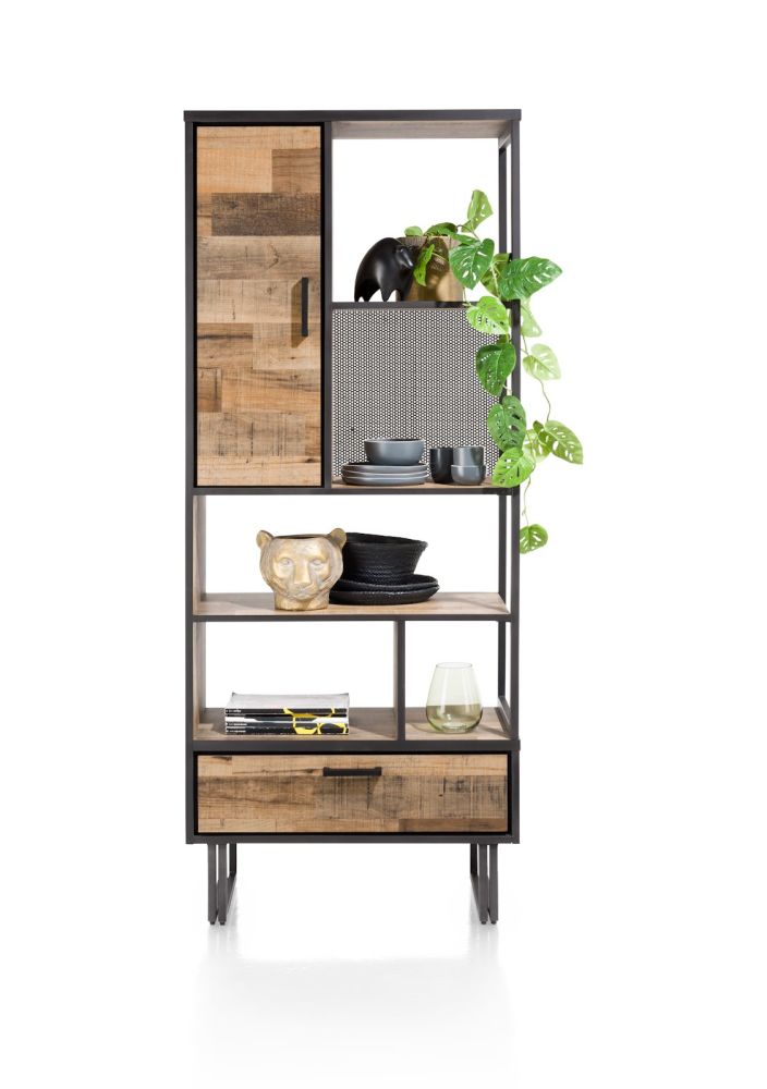 Avalon, boekenkast 80 cm - 1-deur + 1-lade + 5-niches - Driftwood