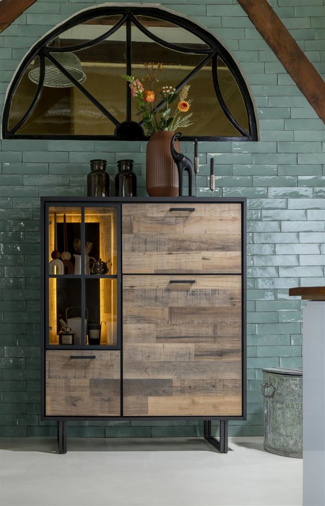 Avalon, highboard 120 cm - 2-deuren + 1-glasdeur + 1-klep (+ LED) - Driftwood Avalon, highboard 120 cm - 2-deuren + 1-glasdeur + 1-klep (+ LED) - Driftwood
