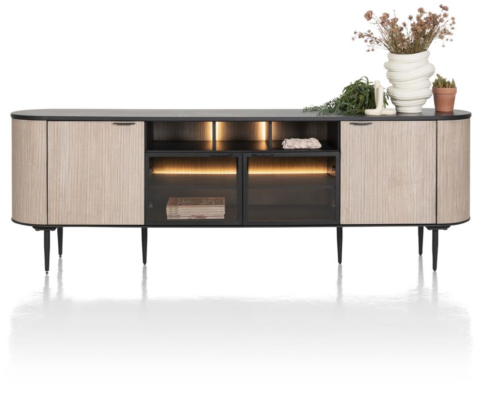Aramon, dressoir 240 cm. - 2-deuren + 2-glasdeuren + 3-niches (+ LED)