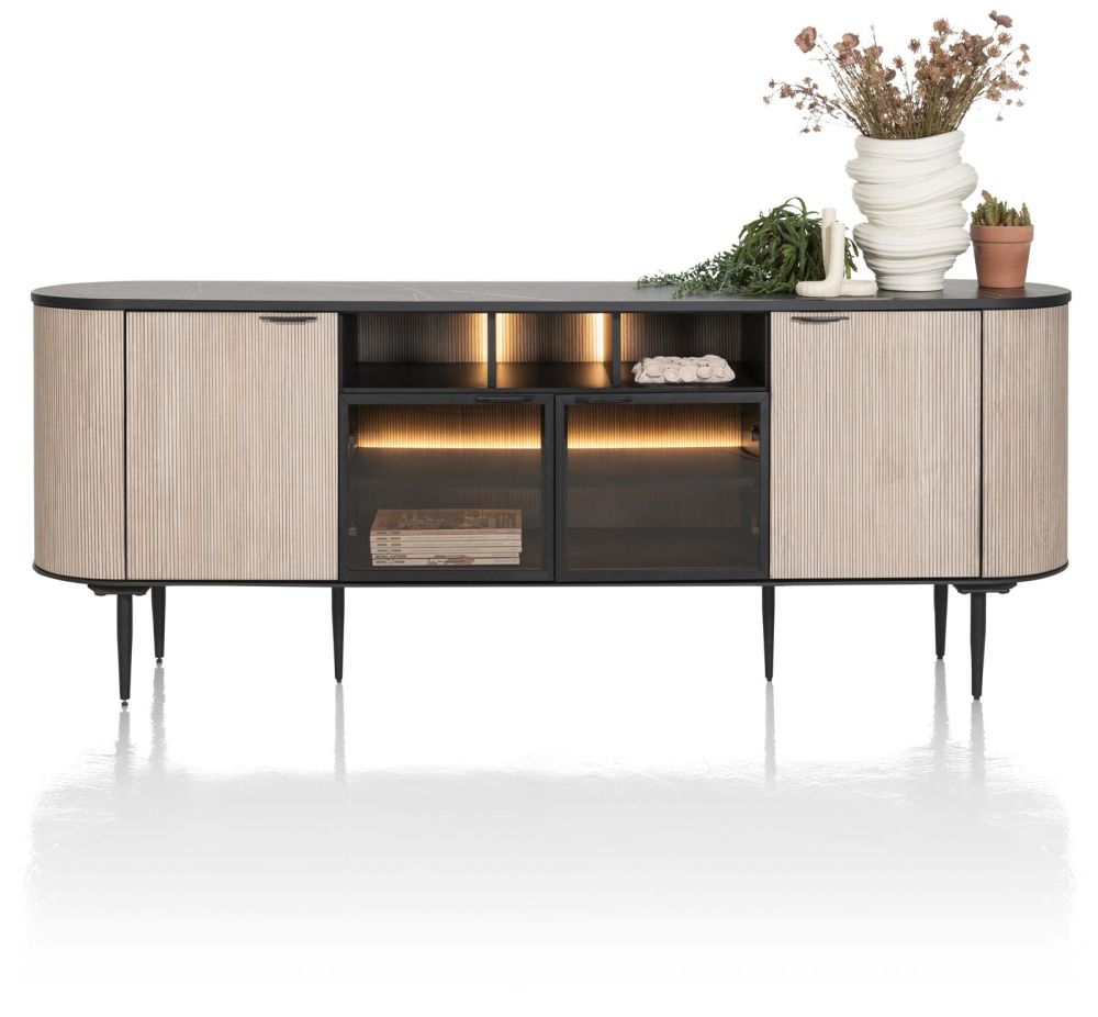 Aramon, dressoir 210 cm. - 2-deuren + 2-glasdeuren + 3-niches (+ LED)