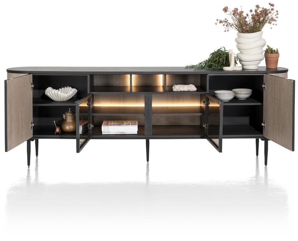 Aramon, dressoir 240 cm. - 2-deuren + 2-glasdeuren + 3-niches (+ LED) Aramon, dressoir 240 cm. - 2-deuren + 2-glasdeuren + 3-niches (+ LED)