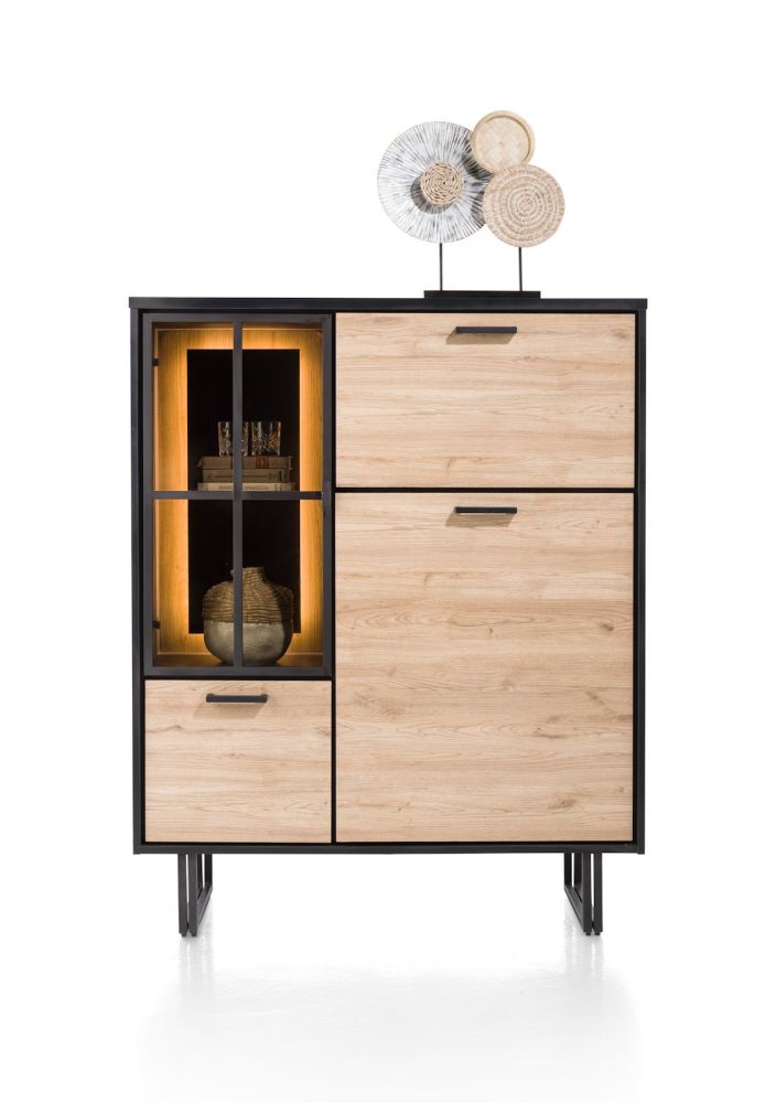 Avalon, highboard 120 cm - 2-deuren + 1-glasdeur + 1-klep (+ LED) - natural