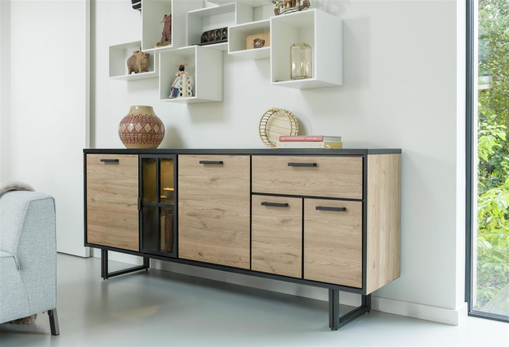 Avalon, dressoir 200 cm - 4-deuren + 1-lade + 1-glasdeur (+ LED) - natural Avalon, dressoir 200 cm - 4-deuren + 1-lade + 1-glasdeur (+ LED) - natural
