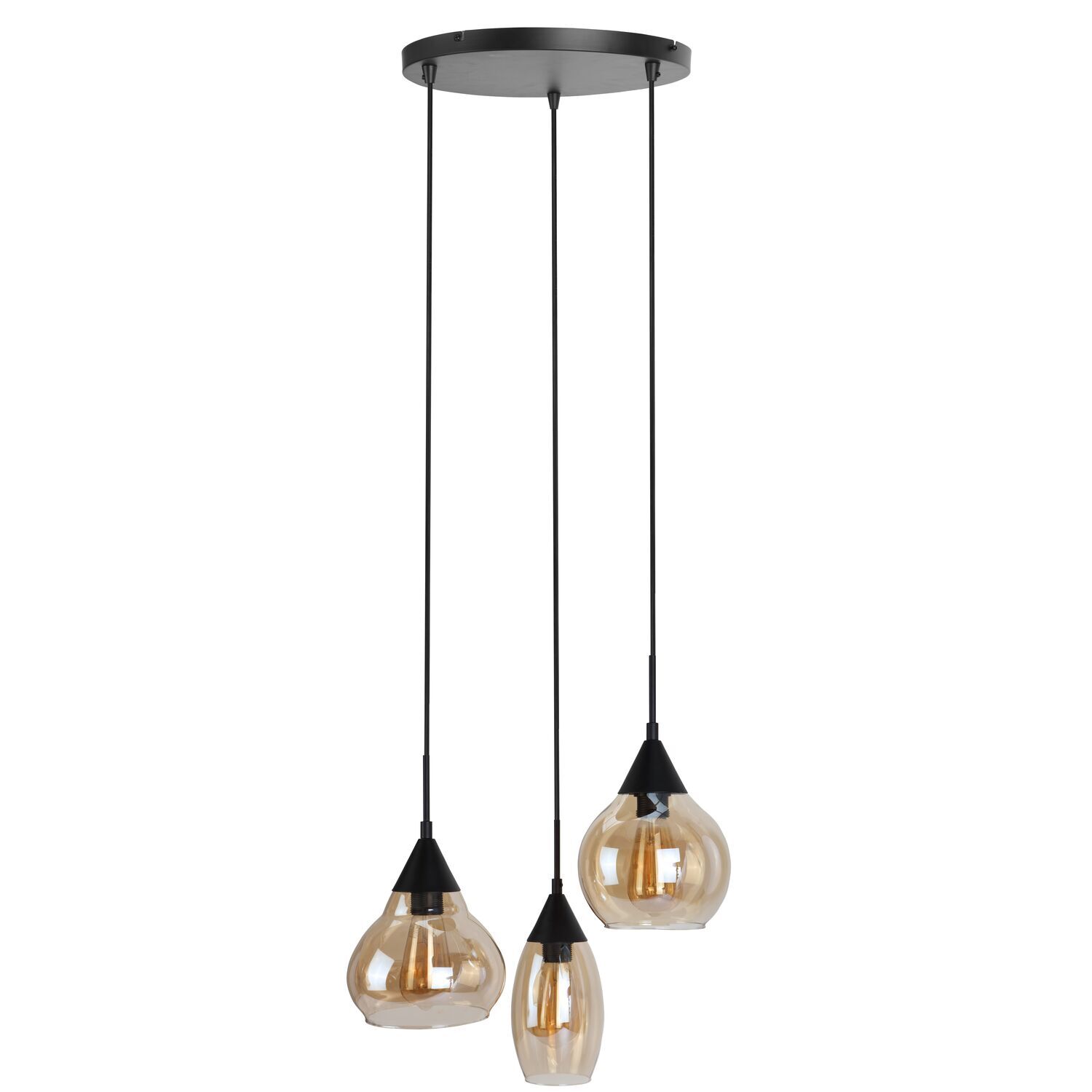 Hanglamp Lungo zwart amber glas 3-lichts