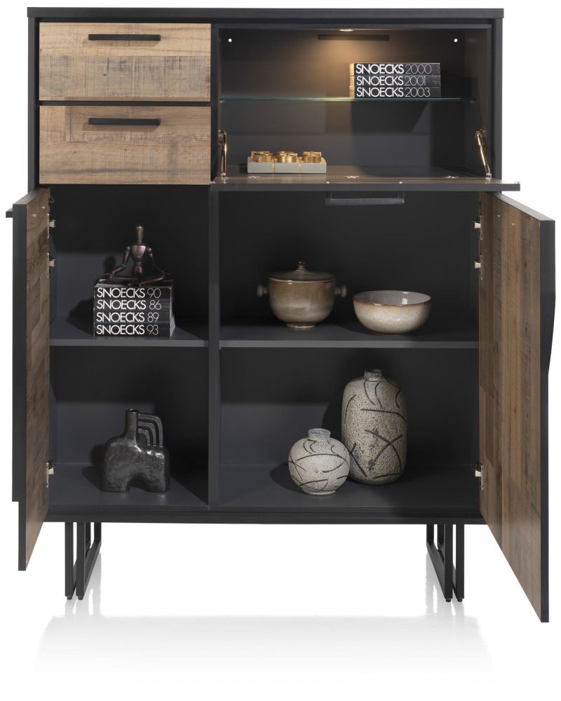 Avalon, highboard 120 cm - 2-deuren + 2-laden + 1-klep (+ LED) - Driftwood