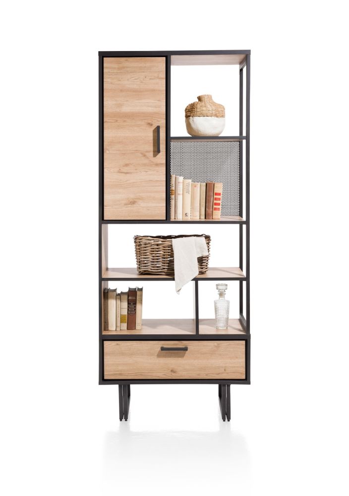 Avalon, boekenkast 80 cm - 1-deur + 1-lade + 5-niches - natural